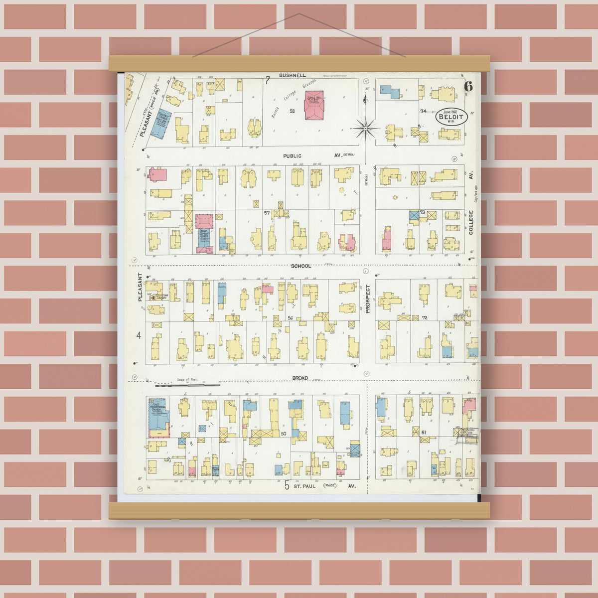 Old map wall art mockup — magnetic wood frame on brick wall — Sanborn Fire Insurance Map from Beloit, Rock County, Wisconsin (1902), Sheet #0006