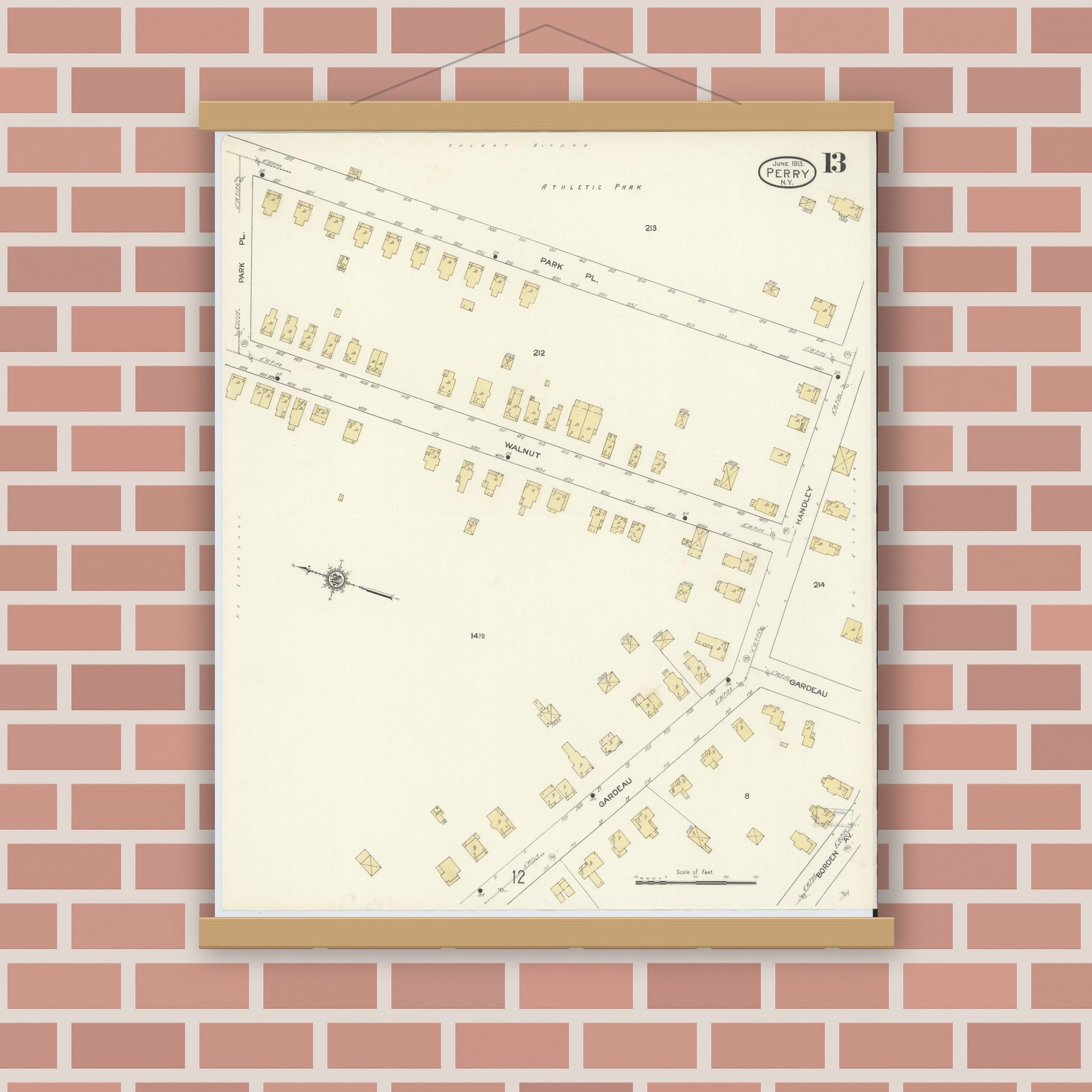 Old map wall art mockup — magnetic wood frame on brick wall — Sanborn Fire Insurance Map from Perry, Wyoming County, New York (1913), Sheet #0013