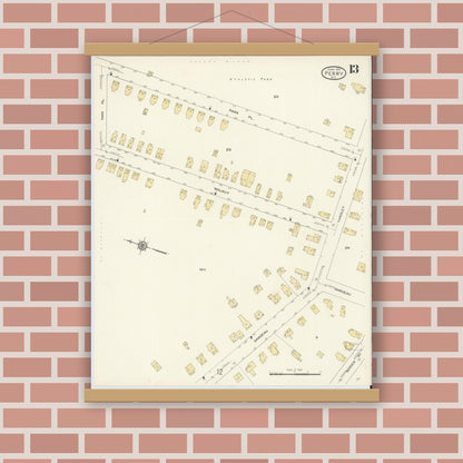 Old map wall art mockup — magnetic wood frame on brick wall — Sanborn Fire Insurance Map from Perry, Wyoming County, New York (1913), Sheet #0013
