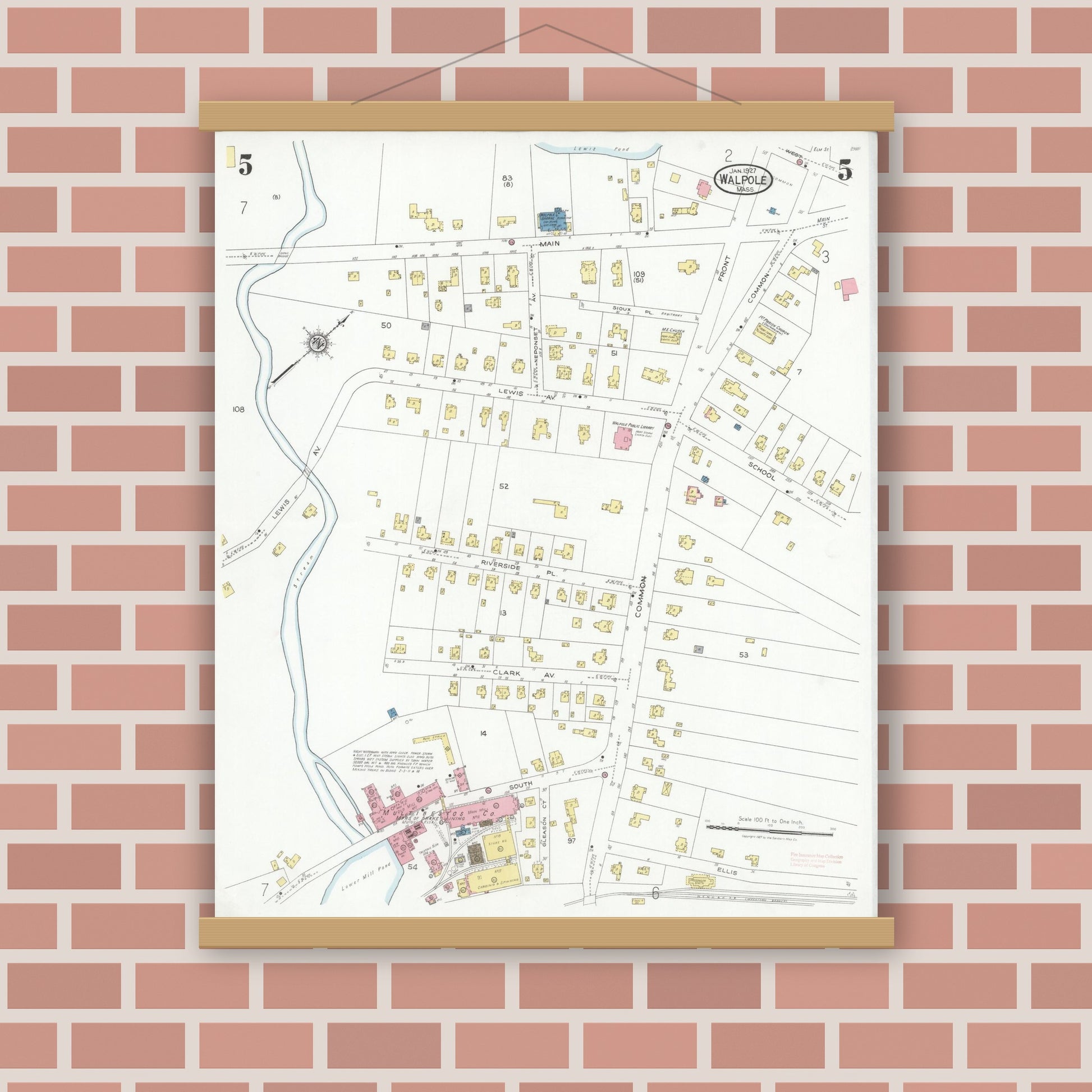 Old map wall art mockup — magnetic wood frame on brick wall — Sanborn Fire Insurance Map from Walpole, Norfolk County, Massachusetts (1927), Sheet #0005