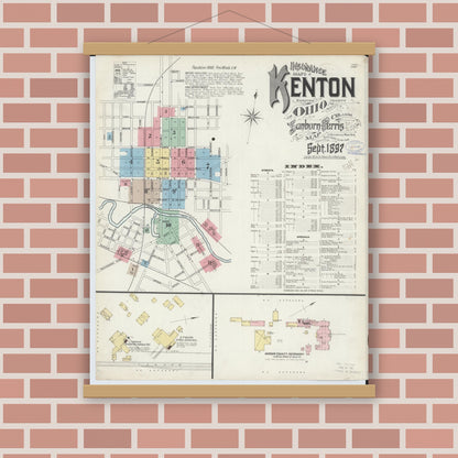 Old map wall art mockup — magnetic wood frame on brick wall — Sanborn Fire Insurance Map from Kenton, Hardin County, Ohio (1897) - Complete Map Set