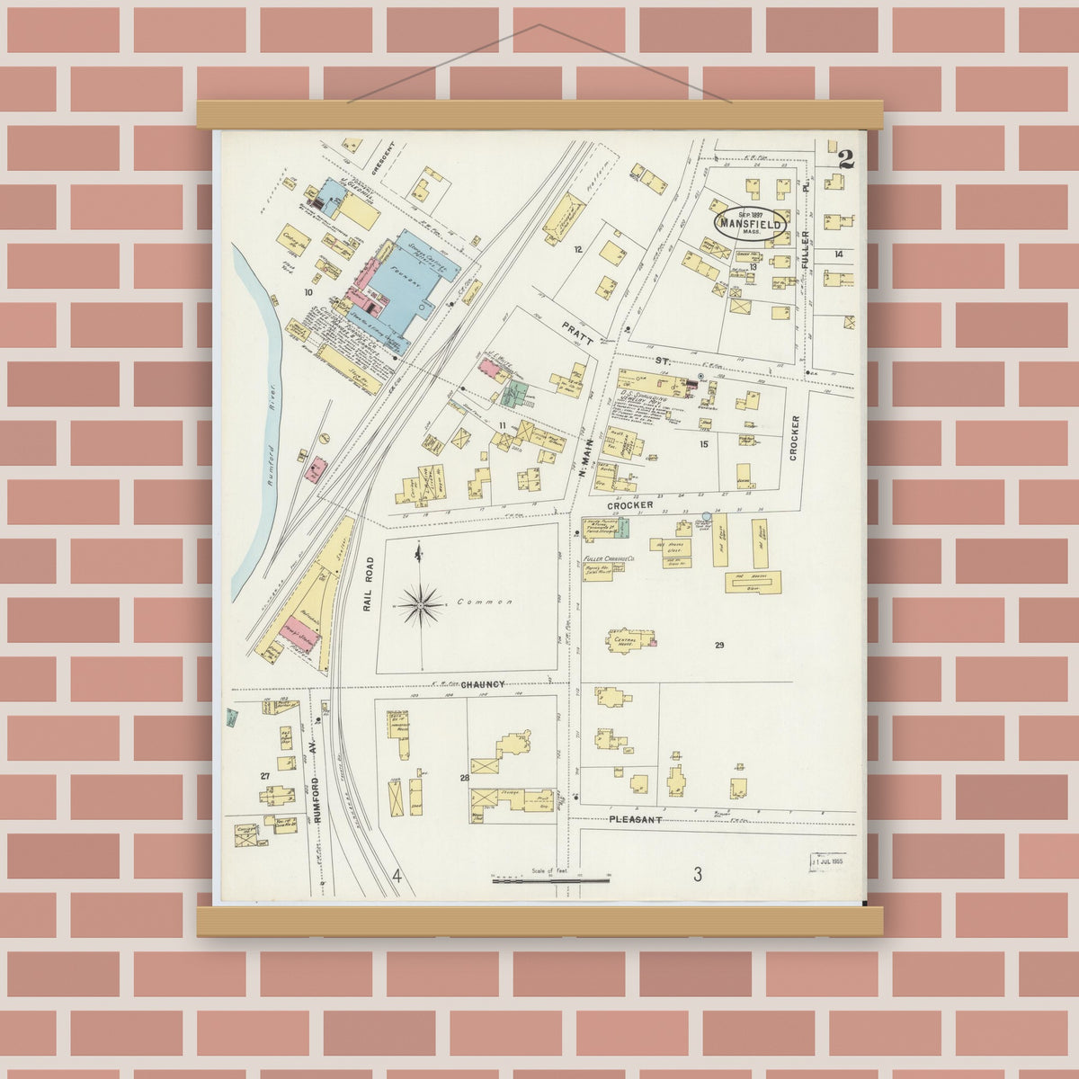 Old map wall art mockup — magnetic wood frame on brick wall — Sanborn Fire Insurance Map from Mansfield, Bristol County, Massachusetts (1897), Sheet #0002
