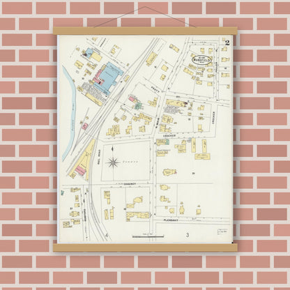 Old map wall art mockup — magnetic wood frame on brick wall — Sanborn Fire Insurance Map from Mansfield, Bristol County, Massachusetts (1897), Sheet #0002
