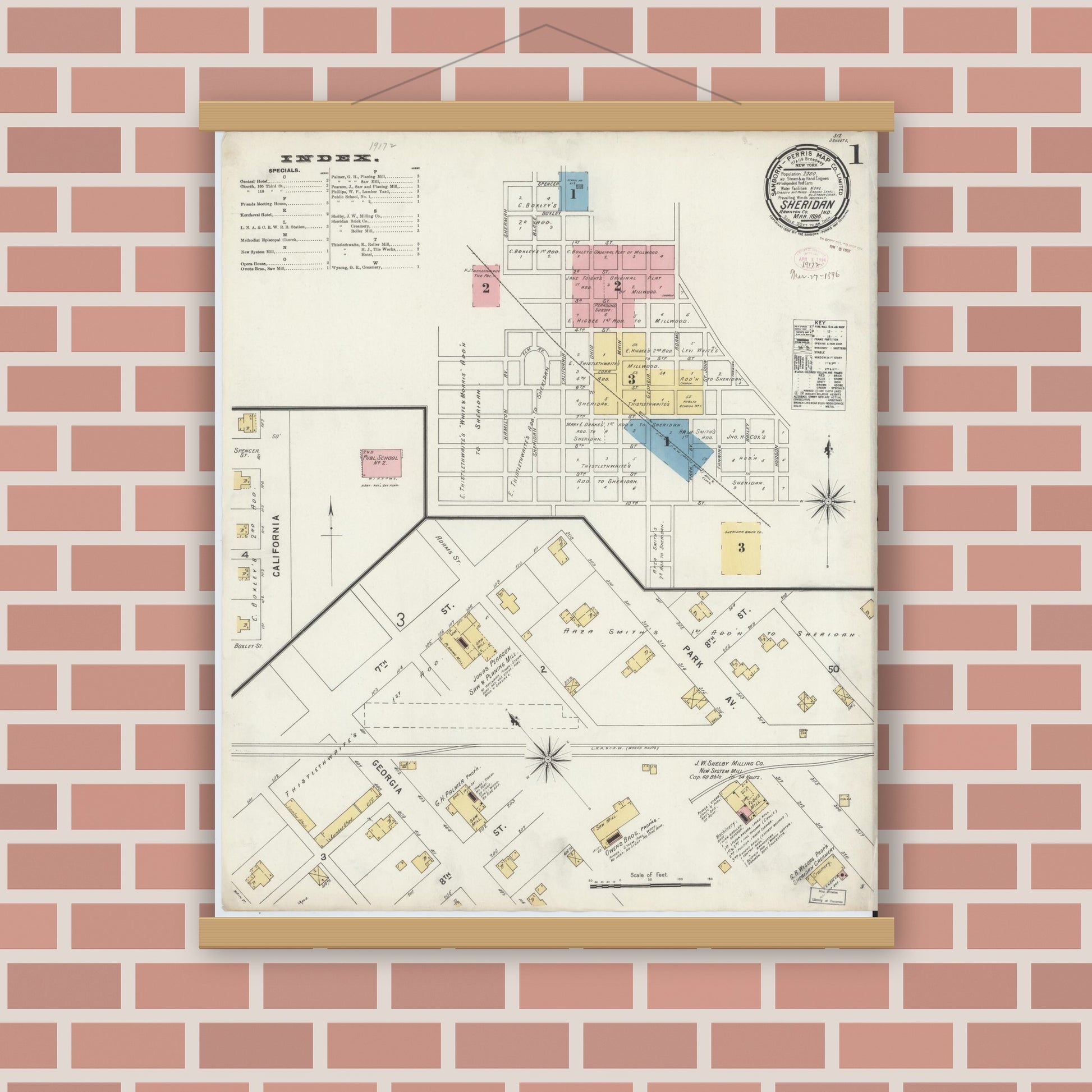 Old map wall art mockup — magnetic wood frame on brick wall — Sanborn Fire Insurance Map from Sheridan, Hamilton County, Indiana (1896) - Complete Map Set