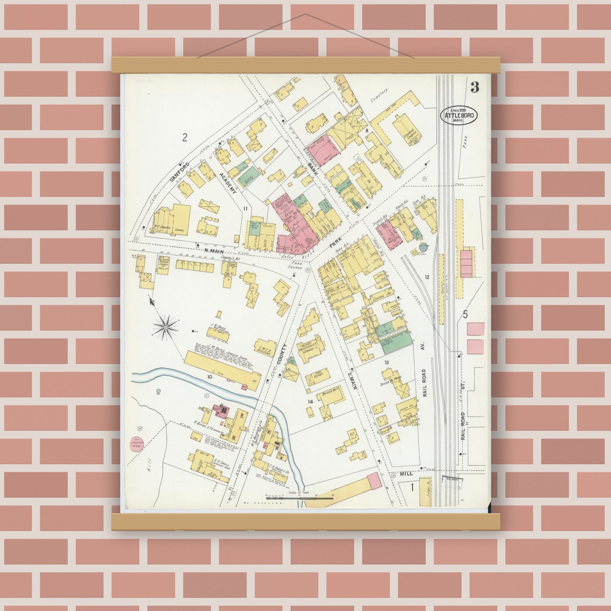 Old map wall art mockup — magnetic wood frame on brick wall — Sanborn Fire Insurance Map from Attleboro, Bristol County, Massachusetts (1899), Sheet #0003