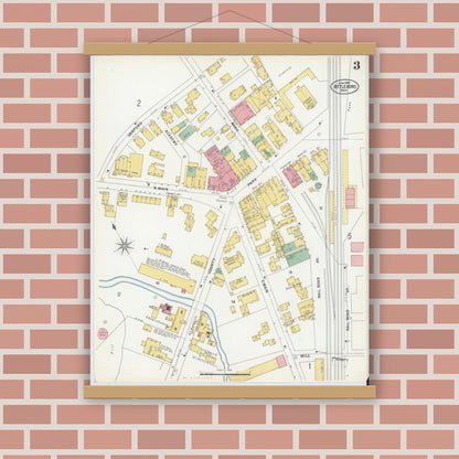 Old map wall art mockup — magnetic wood frame on brick wall — Sanborn Fire Insurance Map from Attleboro, Bristol County, Massachusetts (1899), Sheet #0003