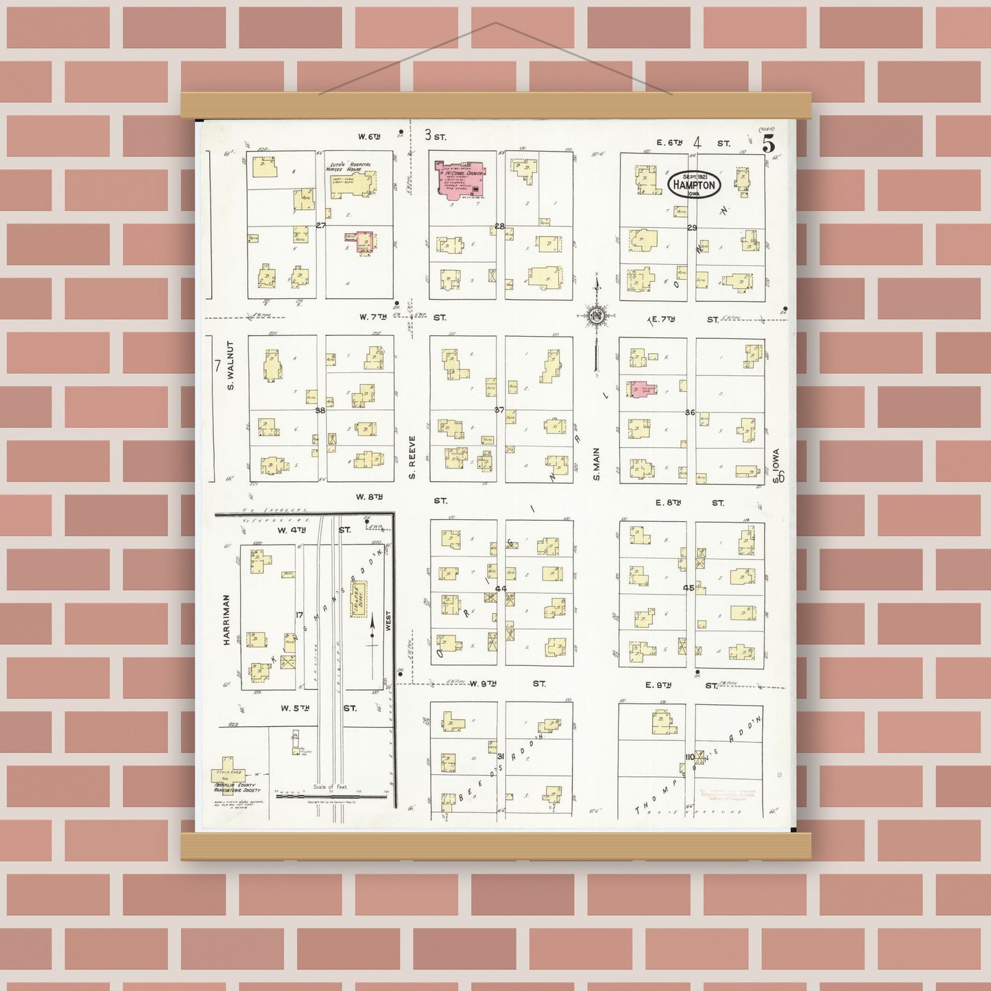 Old map wall art mockup — magnetic wood frame on brick wall — Sanborn Fire Insurance Map from Hampton, Franklin County, Iowa (1921), Sheet #0005