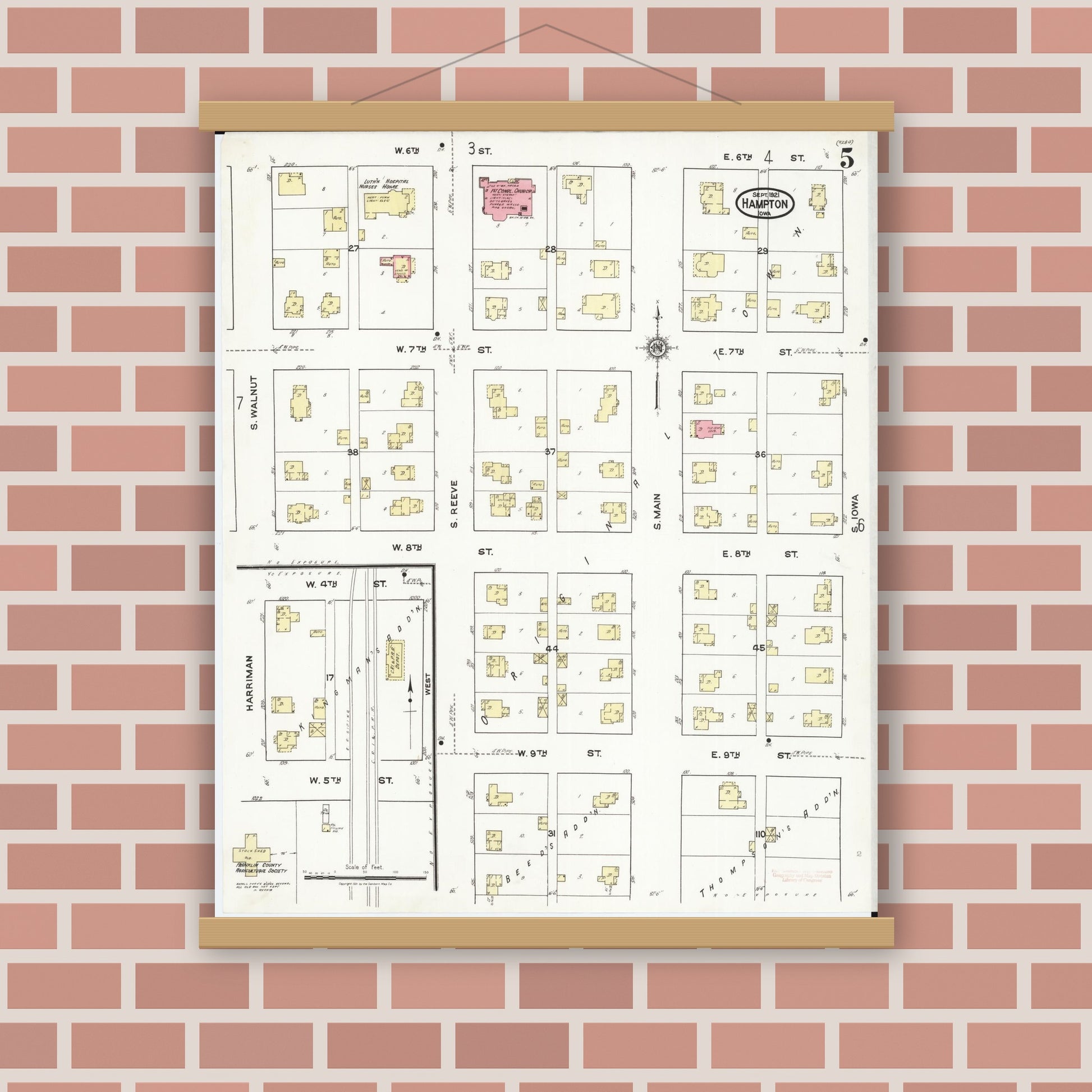 Old map wall art mockup — magnetic wood frame on brick wall — Sanborn Fire Insurance Map from Hampton, Franklin County, Iowa (1921), Sheet #0005