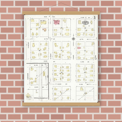 Old map wall art mockup — magnetic wood frame on brick wall — Sanborn Fire Insurance Map from Hampton, Franklin County, Iowa (1921), Sheet #0005