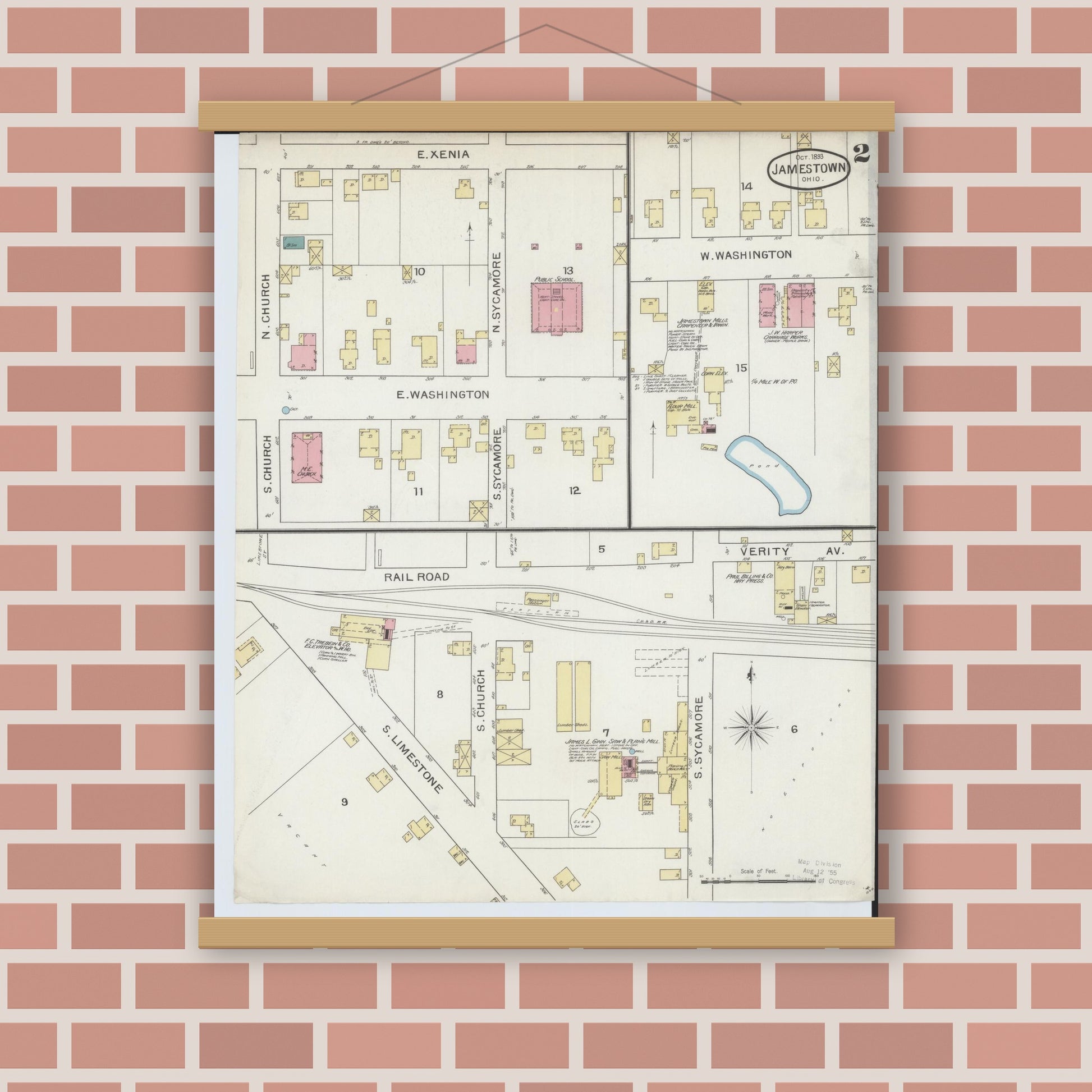 Old map wall art mockup — magnetic wood frame on brick wall — Sanborn Fire Insurance Map from Jamestown, Greene County, Ohio (1893), Sheet #0002