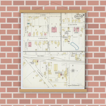 Old map wall art mockup — magnetic wood frame on brick wall — Sanborn Fire Insurance Map from Jamestown, Greene County, Ohio (1893), Sheet #0002