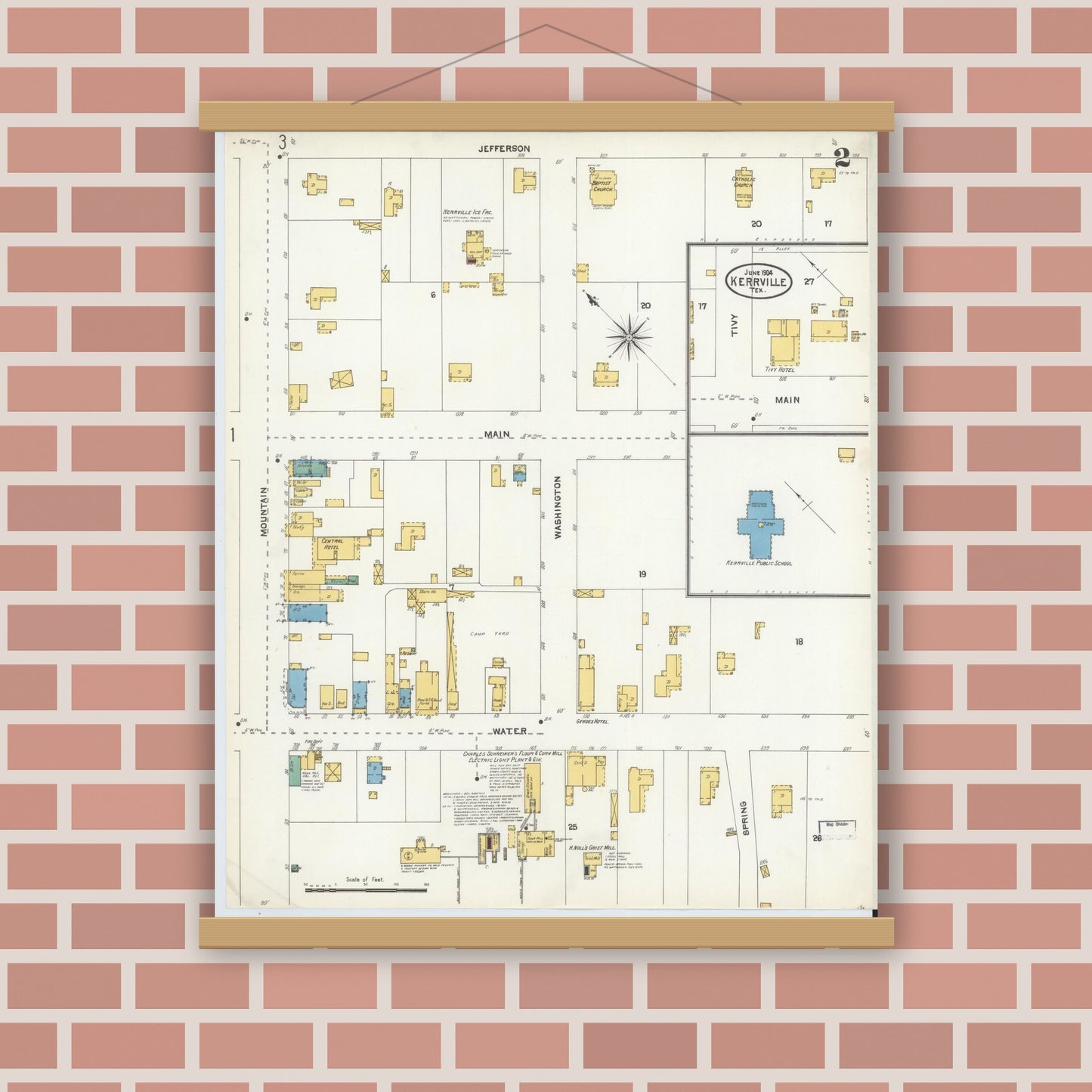 Old map wall art mockup — magnetic wood frame on brick wall — Sanborn Fire Insurance Map from Kerrville, Kerr County, Texas (1904), Sheet #0002