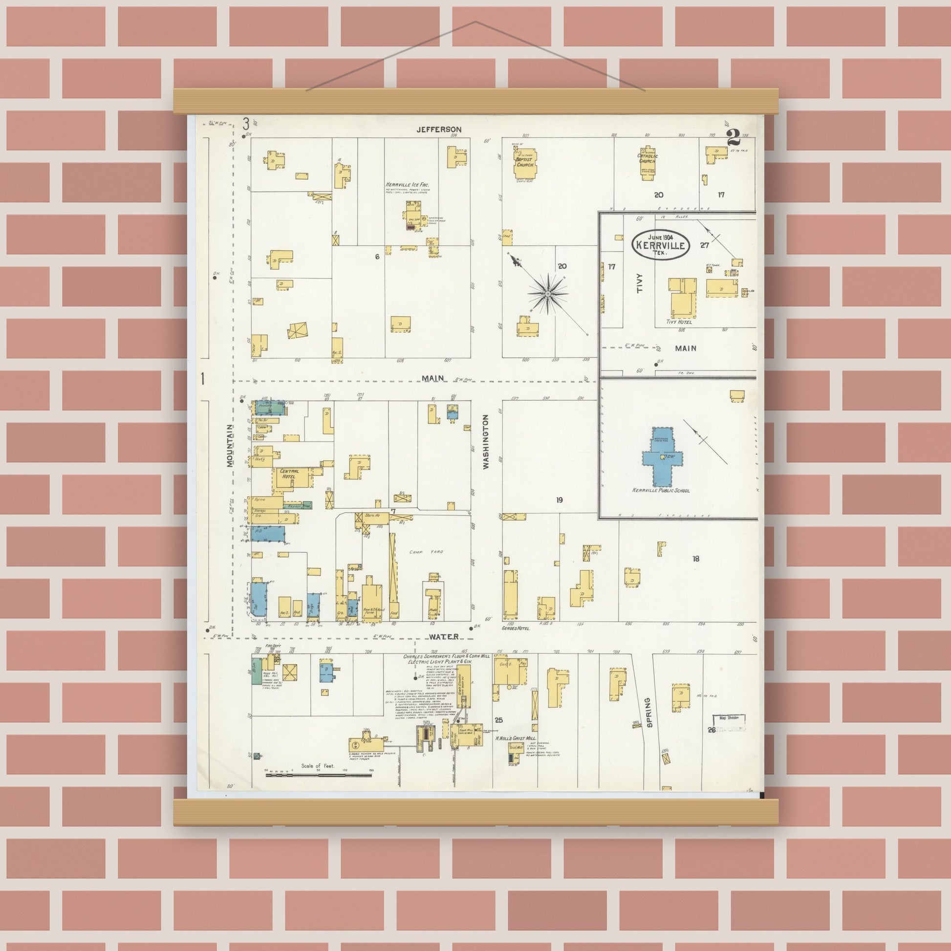 Old map wall art mockup — magnetic wood frame on brick wall — Sanborn Fire Insurance Map from Kerrville, Kerr County, Texas (1904), Sheet #0002
