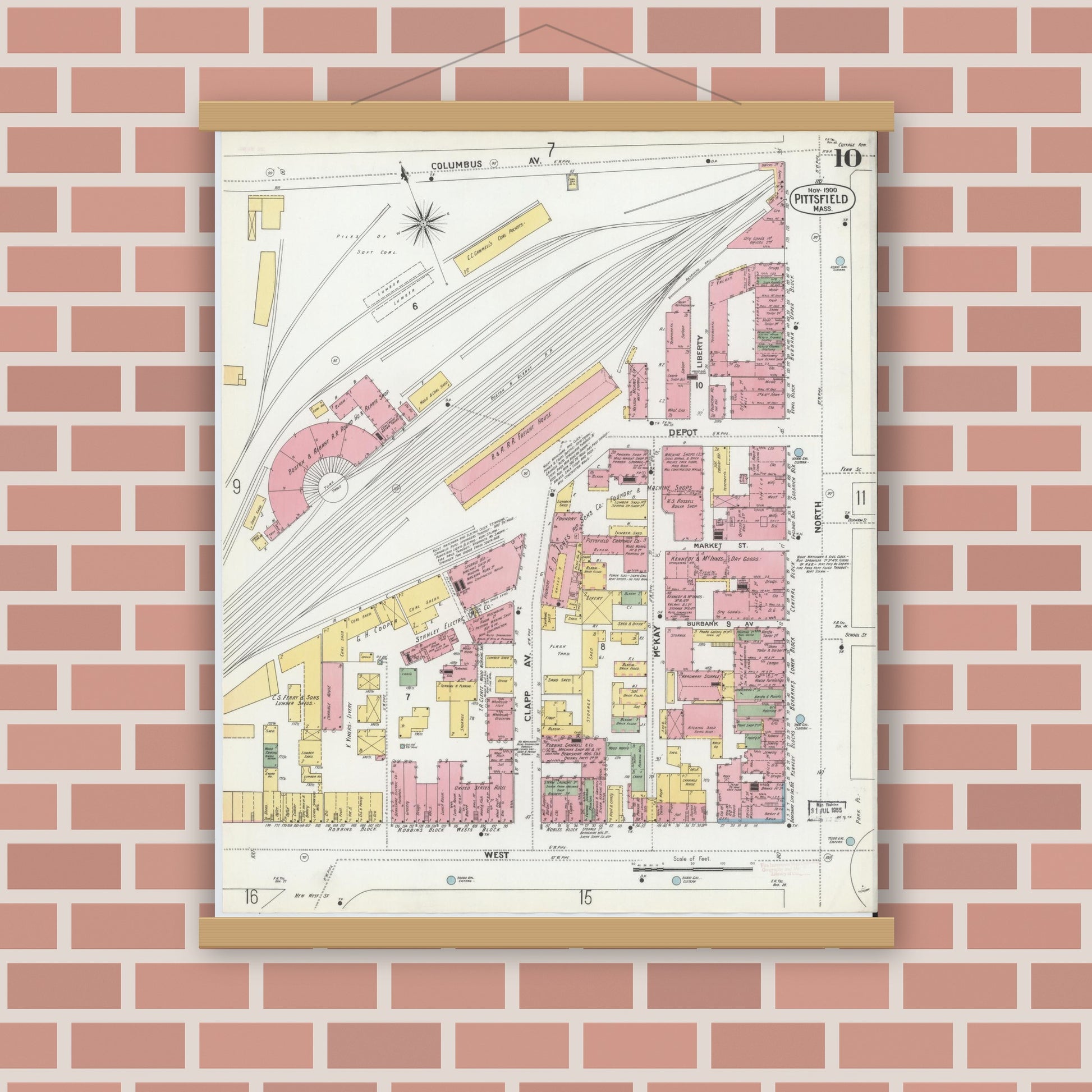 Old map wall art mockup — magnetic wood frame on brick wall — Sanborn Fire Insurance Map from Pittsfield, Berkshire County, Massachusetts (1900), Sheet #0010