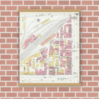 Old map wall art mockup — magnetic wood frame on brick wall — Sanborn Fire Insurance Map from Pittsfield, Berkshire County, Massachusetts (1900), Sheet #0010