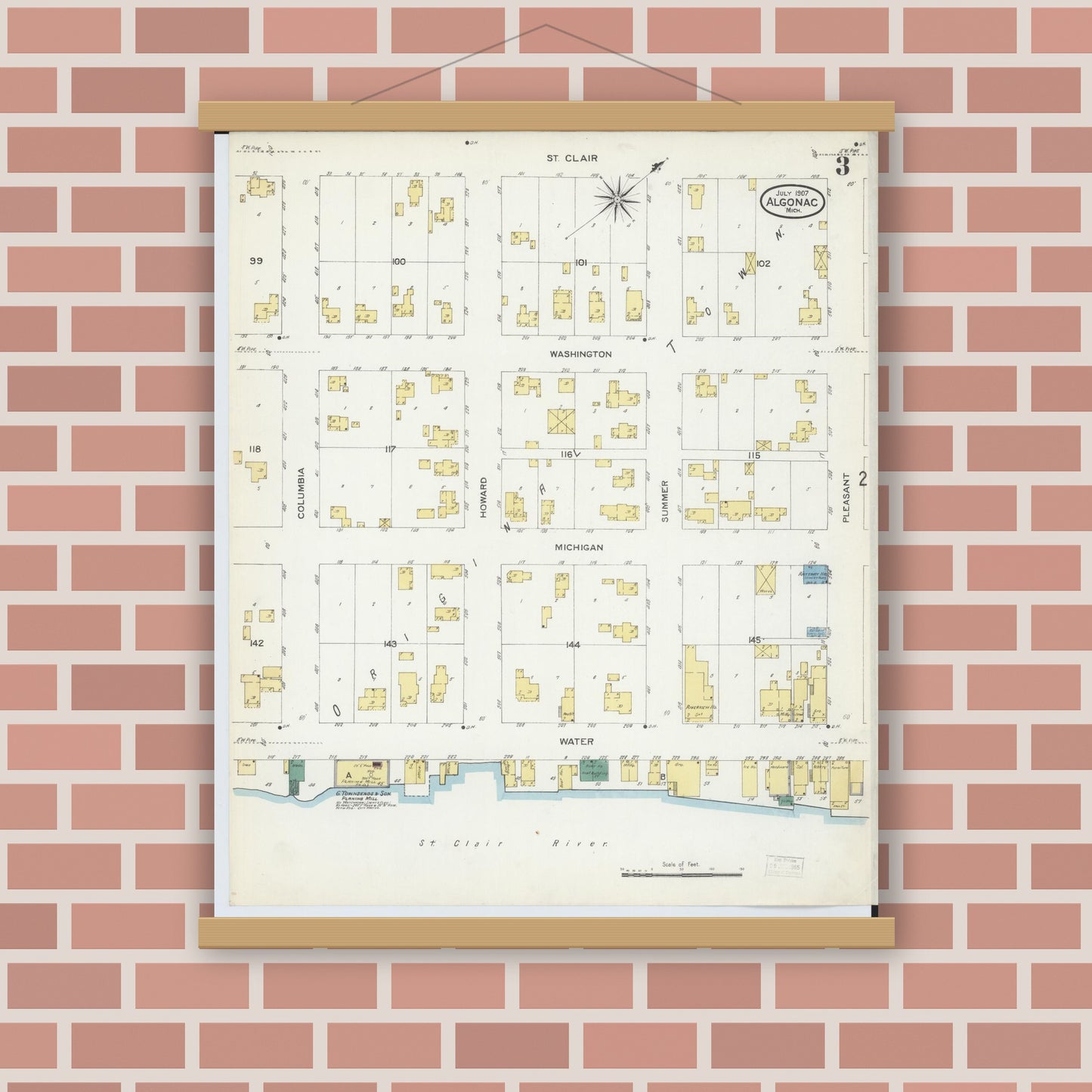 Old map wall art mockup — magnetic wood frame on brick wall — Sanborn Fire Insurance Map from Algonac, Saint Clair County, Michigan (1907), Sheet #0003