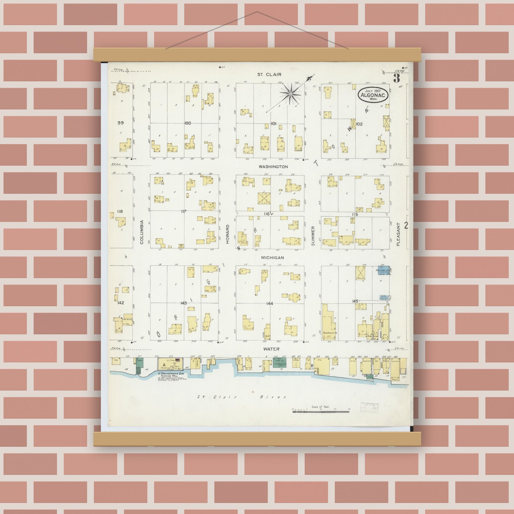 Old map wall art mockup — magnetic wood frame on brick wall — Sanborn Fire Insurance Map from Algonac, Saint Clair County, Michigan (1907), Sheet #0003