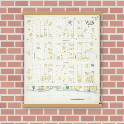 Old map wall art mockup — magnetic wood frame on brick wall — Sanborn Fire Insurance Map from Algonac, Saint Clair County, Michigan (1907), Sheet #0003