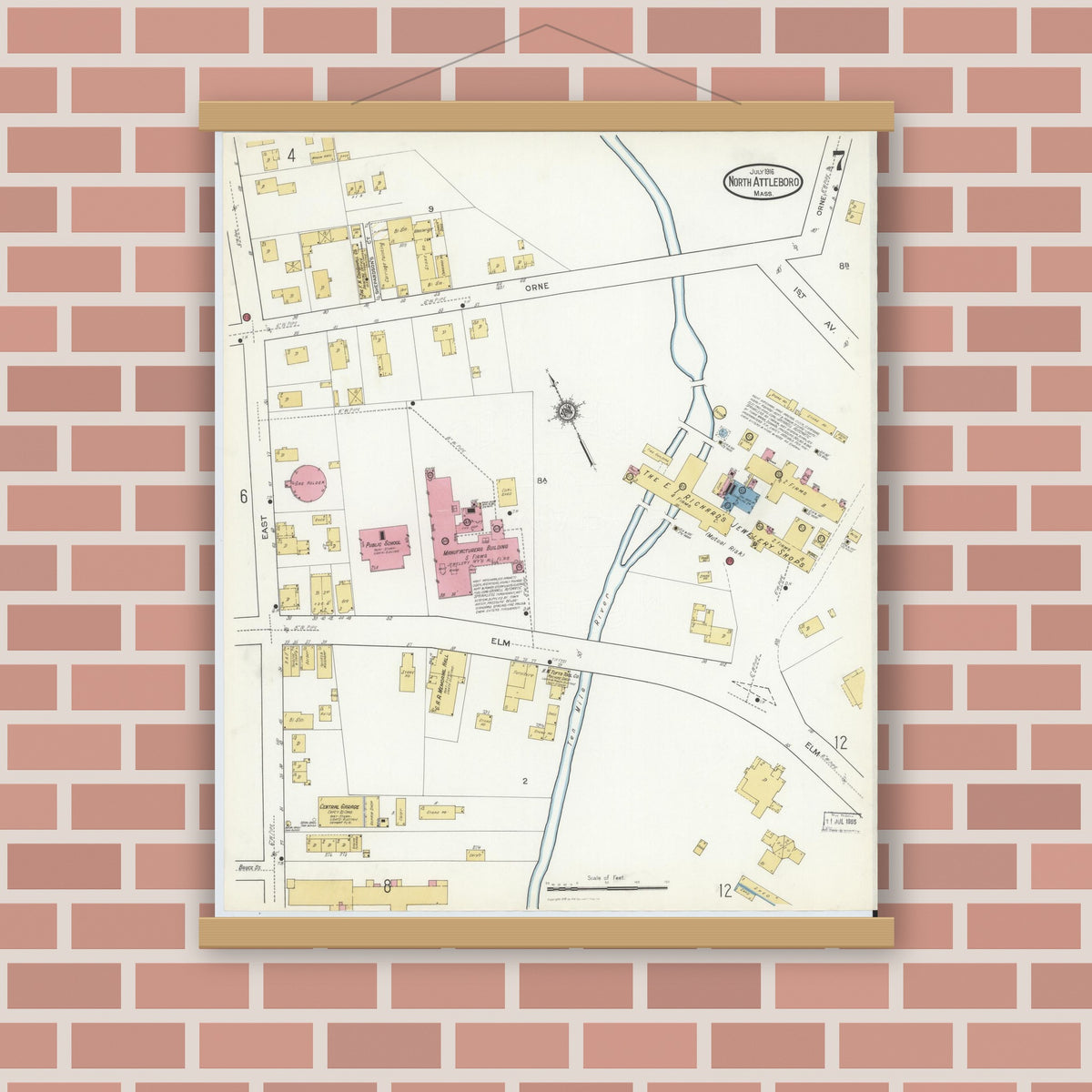 Old map wall art mockup — magnetic wood frame on brick wall — Sanborn Fire Insurance Map from North Attleborough, Bristol County, Massachusetts (1916), Sheet #0007