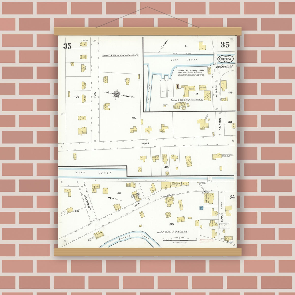 Old map wall art mockup — magnetic wood frame on brick wall — Sanborn Fire Insurance Map from Oneida, Madison County, New York (1923), Sheet #0035