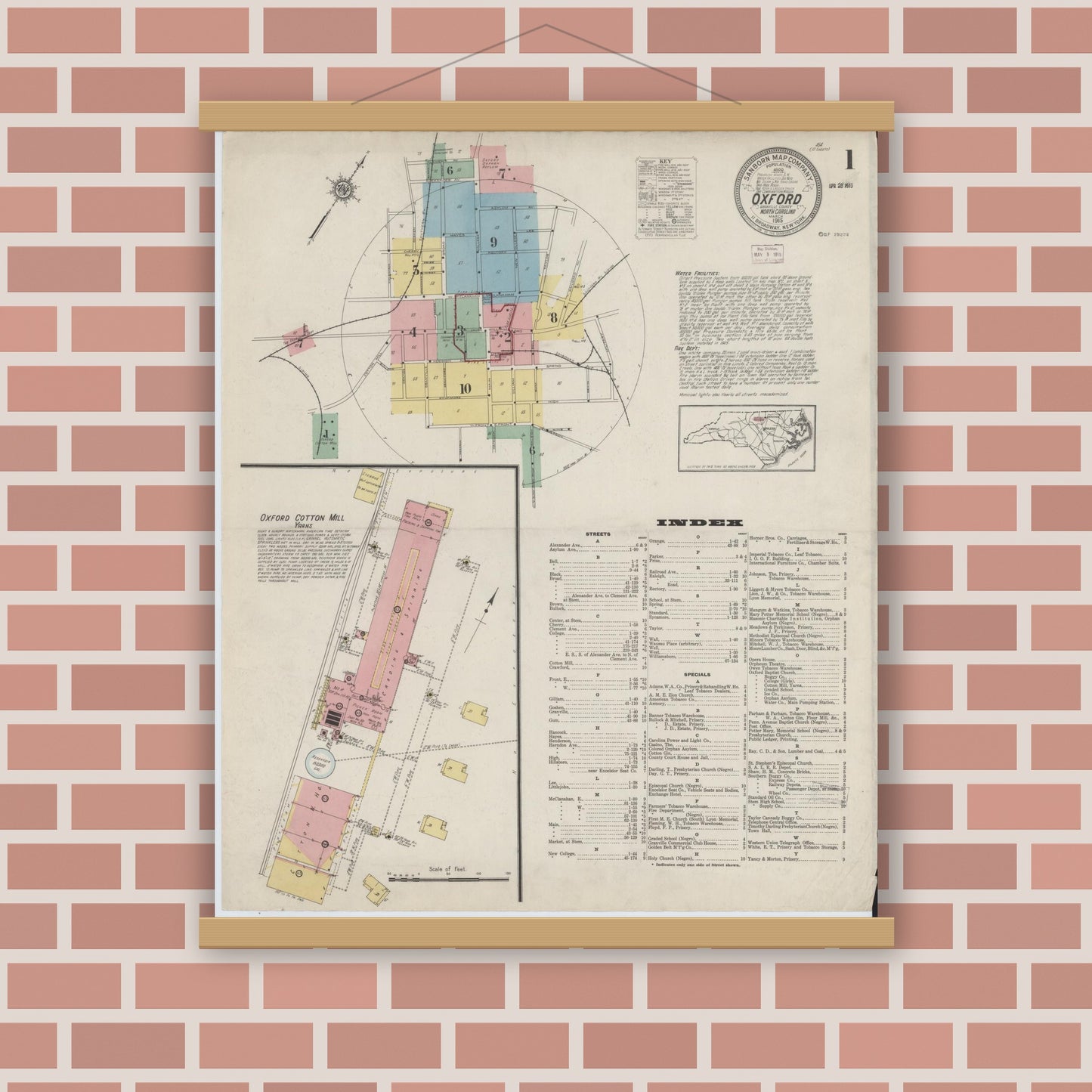 Old map wall art mockup — magnetic wood frame on brick wall — Sanborn Fire Insurance Map from Oxford, Granville County, North Carolina (1915), Sheet #0001