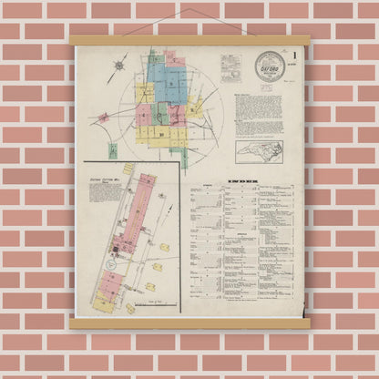 Old map wall art mockup — magnetic wood frame on brick wall — Sanborn Fire Insurance Map from Oxford, Granville County, North Carolina (1915), Sheet #0001