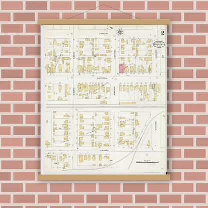 Old map wall art mockup — magnetic wood frame on brick wall — Sanborn Fire Insurance Map from Cadillac, Wexford County, Michigan (1906), Sheet #0002