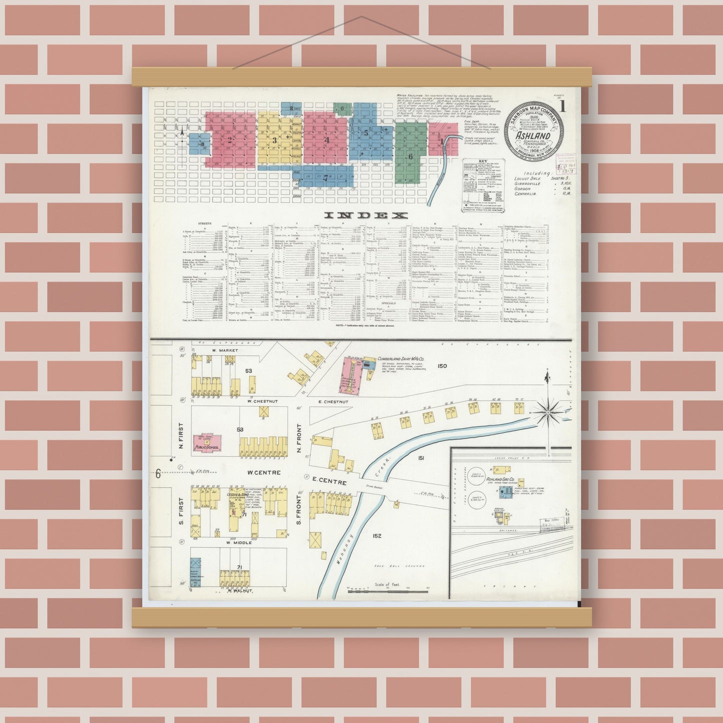 Old map wall art mockup — magnetic wood frame on brick wall — Sanborn Fire Insurance Map from Ashland, Schuylkill County, Pennsylvania (1908) - Complete Map Set
