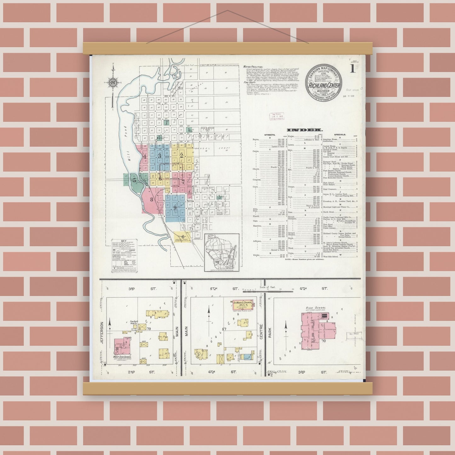 Old map wall art mockup — magnetic wood frame on brick wall — Sanborn Fire Insurance Map from Richland Center, Richland County, Wisconsin (1912), Sheet #0001
