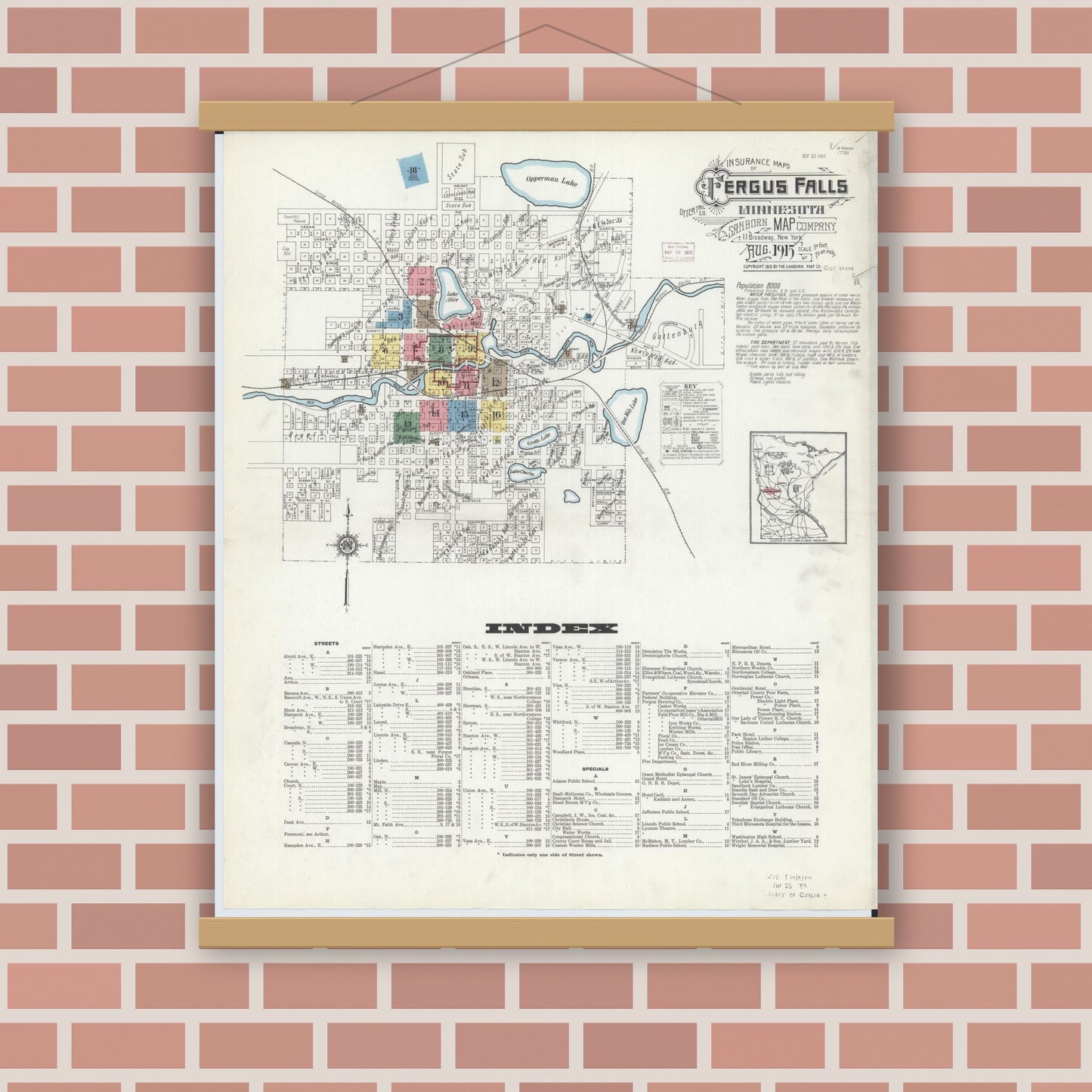 Old map wall art mockup — magnetic wood frame on brick wall — Sanborn Fire Insurance Map from Fergus Falls, Otter Tail County, Minnesota (1915) - Complete Map Set