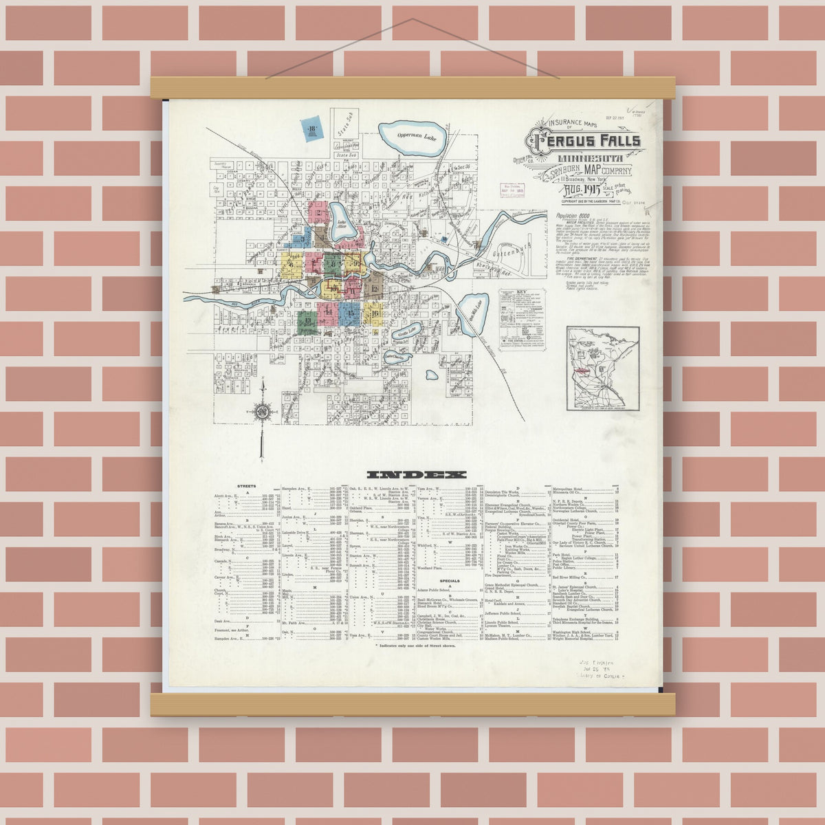Old map wall art mockup — magnetic wood frame on brick wall — Sanborn Fire Insurance Map from Fergus Falls, Otter Tail County, Minnesota (1915) - Complete Map Set