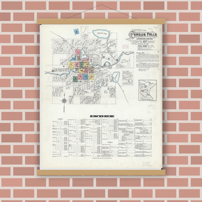 Old map wall art mockup — magnetic wood frame on brick wall — Sanborn Fire Insurance Map from Fergus Falls, Otter Tail County, Minnesota (1915) - Complete Map Set