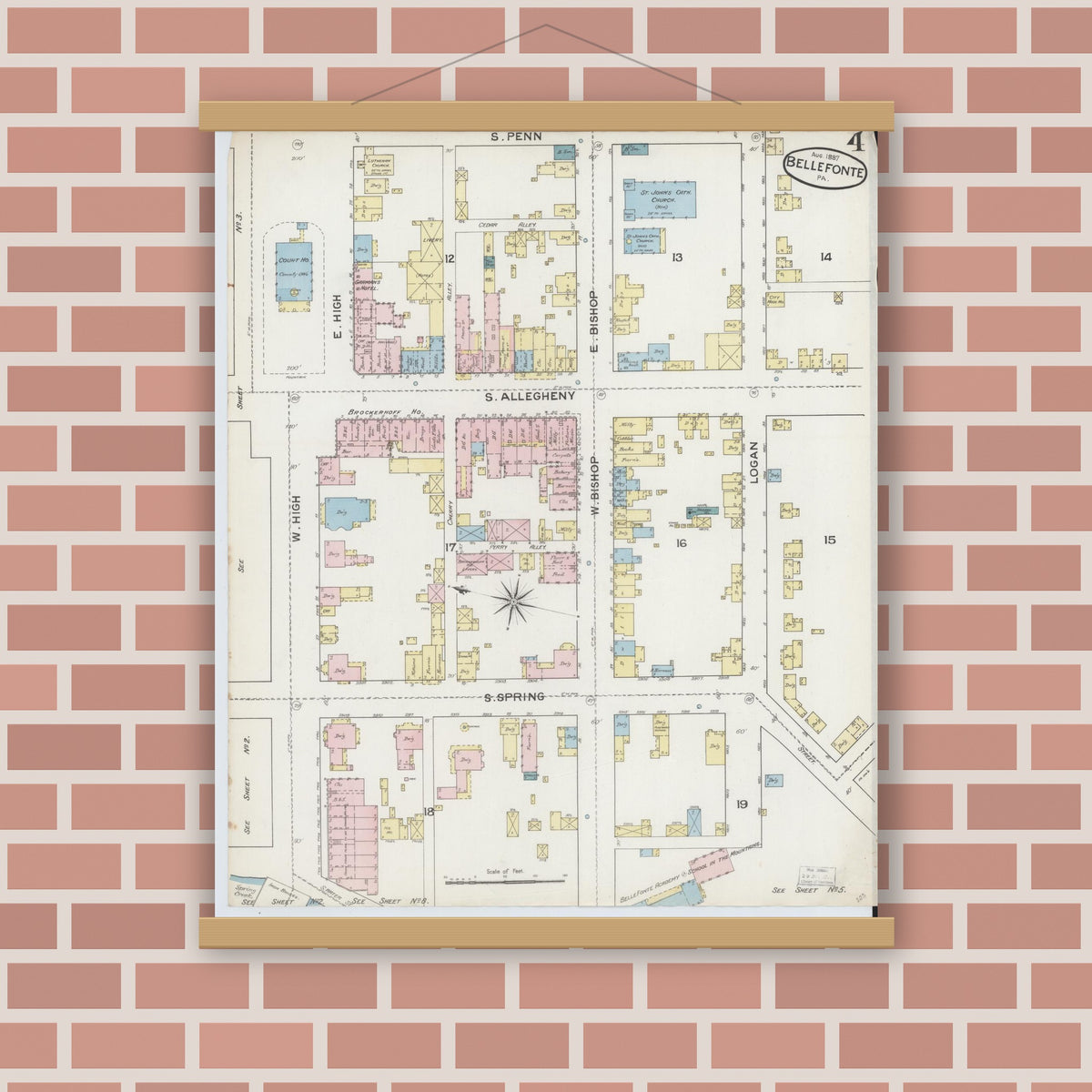 Old map wall art mockup — magnetic wood frame on brick wall — Sanborn Fire Insurance Map from Bellefonte, Centre County, Pennsylvania (1887), Sheet #0004