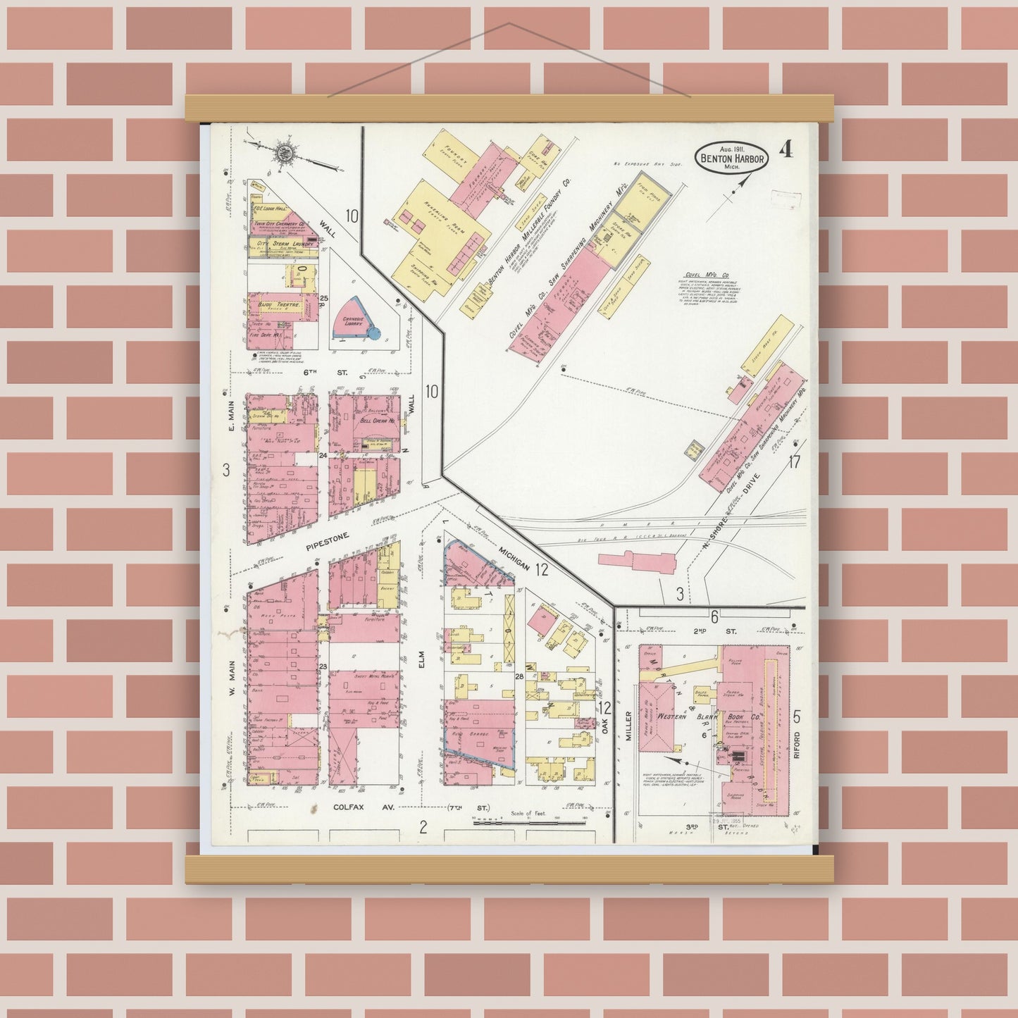 Old map wall art mockup — magnetic wood frame on brick wall — Sanborn Fire Insurance Map from Benton Harbor, Berrien County, Michigan (1911), Sheet #0004