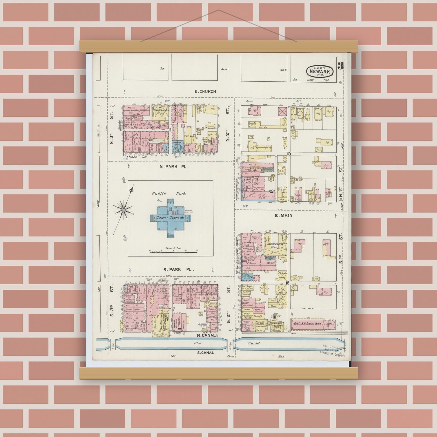 Old map wall art mockup — magnetic wood frame on brick wall — Sanborn Fire Insurance Map from Newark, Licking County, Ohio (1889), Sheet #0003