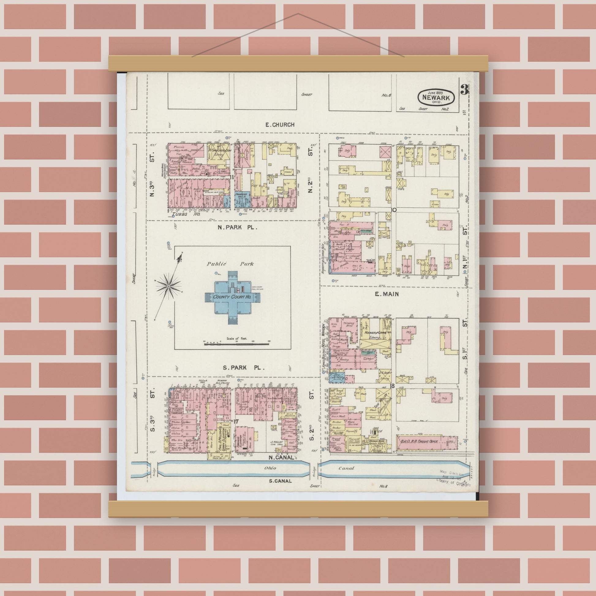 Old map wall art mockup — magnetic wood frame on brick wall — Sanborn Fire Insurance Map from Newark, Licking County, Ohio (1889), Sheet #0003