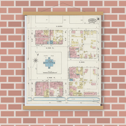 Old map wall art mockup — magnetic wood frame on brick wall — Sanborn Fire Insurance Map from Newark, Licking County, Ohio (1889), Sheet #0003