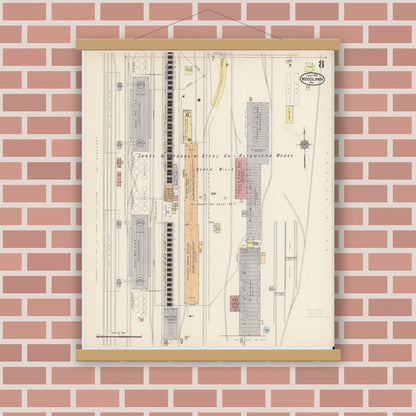 Old map wall art mockup — magnetic wood frame on brick wall — Sanborn Fire Insurance Map from Woodlawn, Beaver County, Pennsylvania (1915), Sheet #0008
