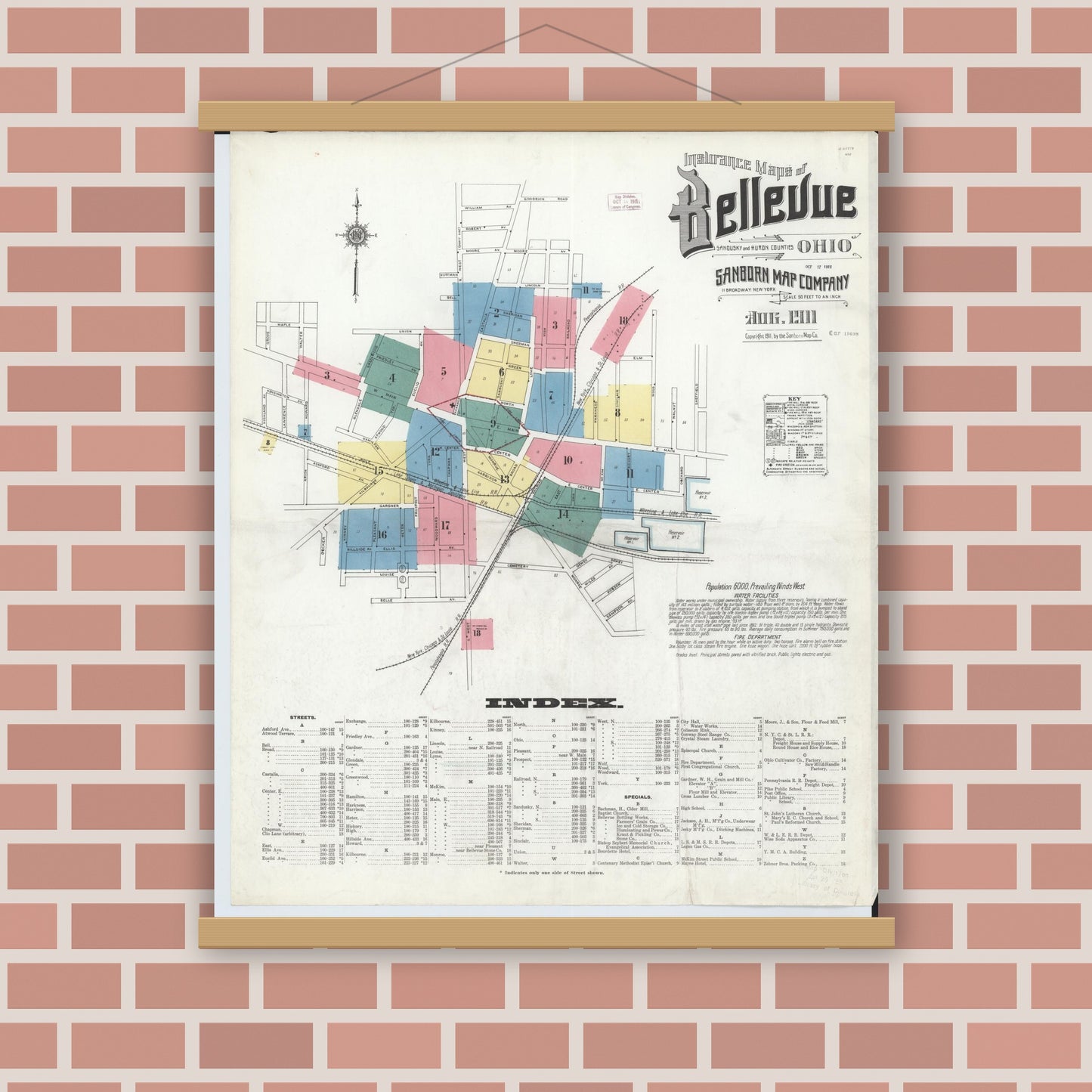 Old map wall art mockup — magnetic wood frame on brick wall — Sanborn Fire Insurance Map from Bellevue, Huron And Sandusky County, Ohio (1911) - Complete Map Set