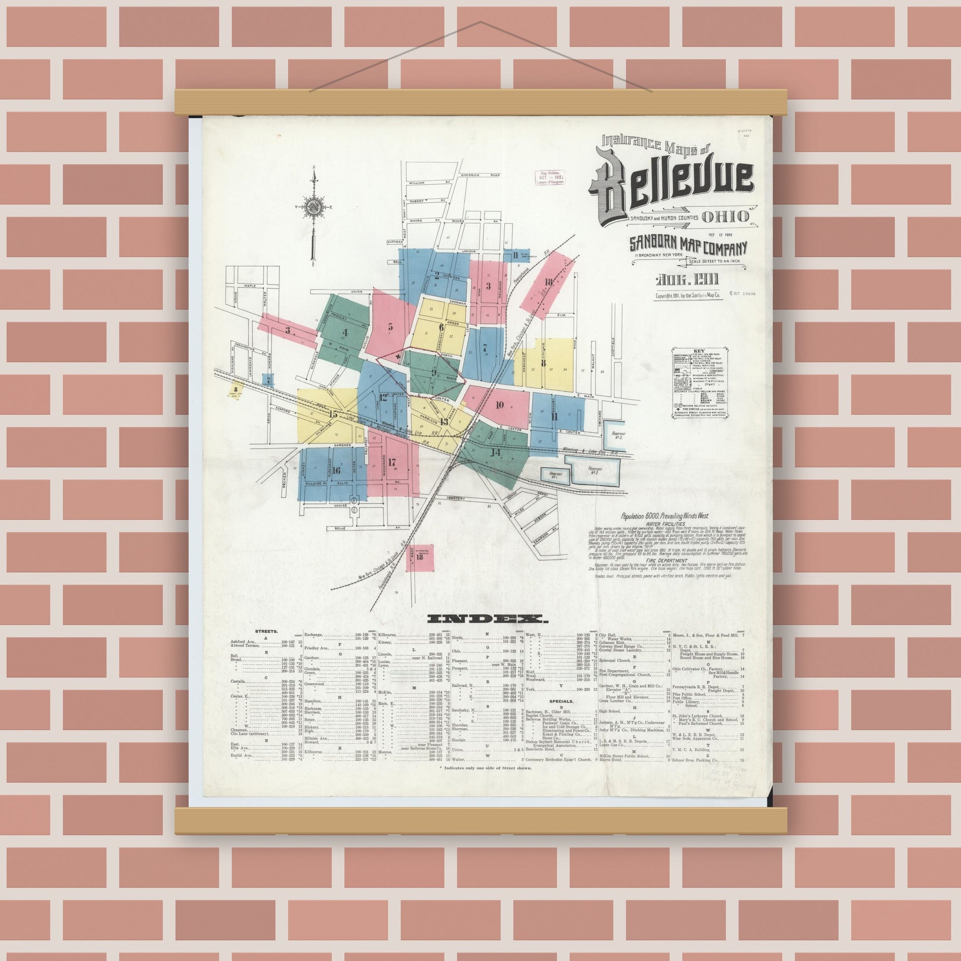 Old map wall art mockup — magnetic wood frame on brick wall — Sanborn Fire Insurance Map from Bellevue, Huron And Sandusky County, Ohio (1911) - Complete Map Set