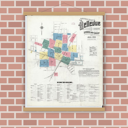 Old map wall art mockup — magnetic wood frame on brick wall — Sanborn Fire Insurance Map from Bellevue, Huron And Sandusky County, Ohio (1911) - Complete Map Set