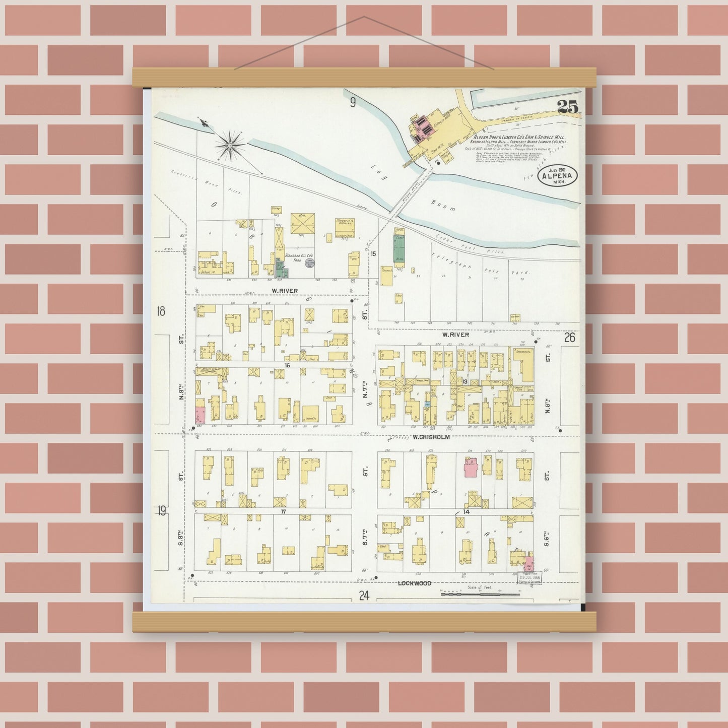 Old map wall art mockup — magnetic wood frame on brick wall — Sanborn Fire Insurance Map from Alpena, Alpena County, Michigan (1901), Sheet #0025