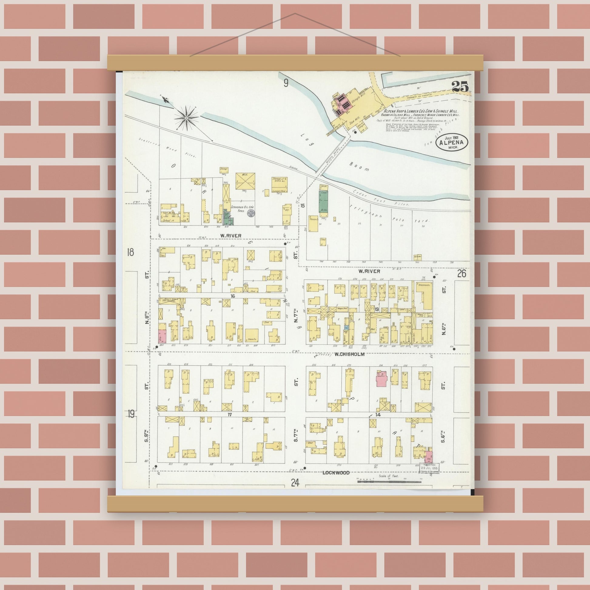 Old map wall art mockup — magnetic wood frame on brick wall — Sanborn Fire Insurance Map from Alpena, Alpena County, Michigan (1901), Sheet #0025