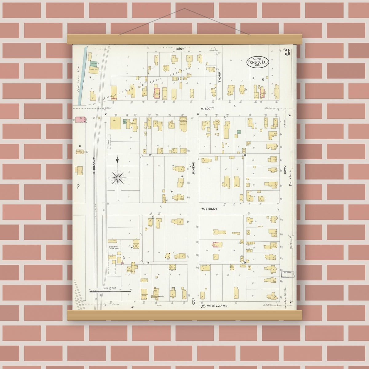 Old map wall art mockup — magnetic wood frame on brick wall — Sanborn Fire Insurance Map from Fond du Lac, Fond du Lac County, Wisconsin (1908), Sheet #0003