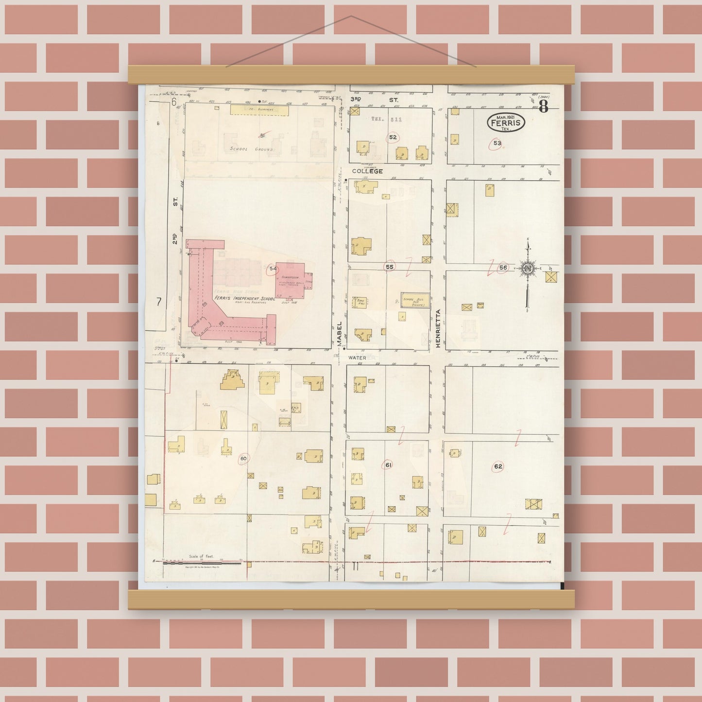 Old map wall art mockup — magnetic wood frame on brick wall — Sanborn Fire Insurance Map from Ferris, Ellis County, Texas (1941), Sheet #0008