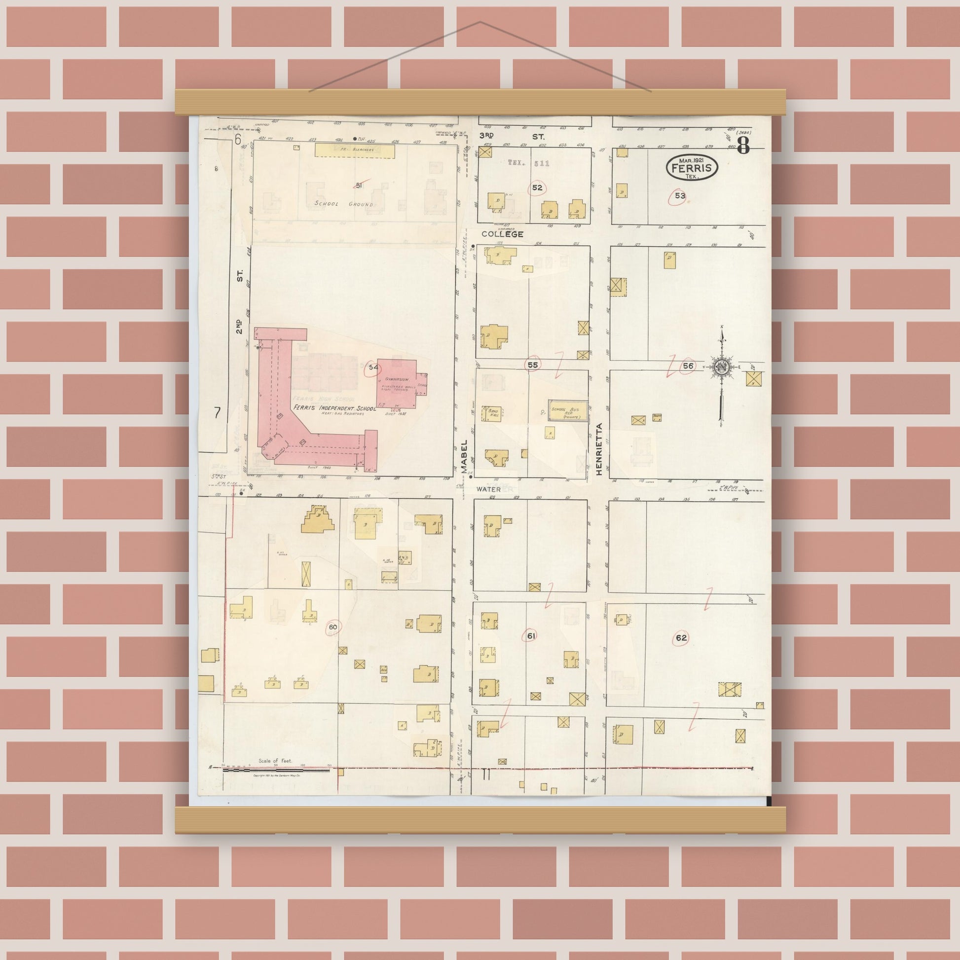 Old map wall art mockup — magnetic wood frame on brick wall — Sanborn Fire Insurance Map from Ferris, Ellis County, Texas (1941), Sheet #0008