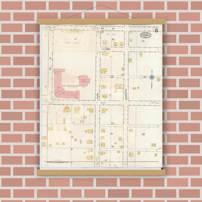 Old map wall art mockup — magnetic wood frame on brick wall — Sanborn Fire Insurance Map from Ferris, Ellis County, Texas (1941), Sheet #0008