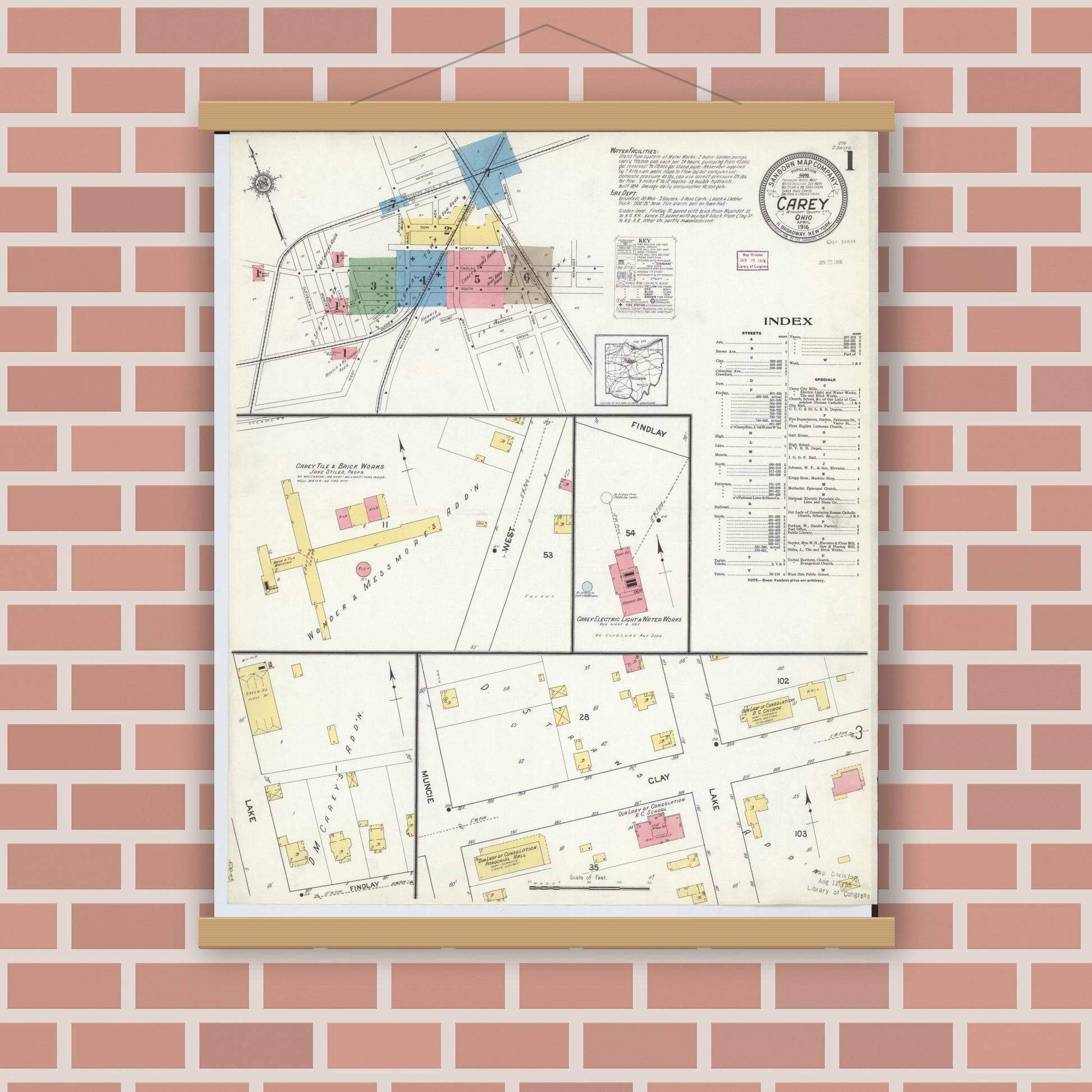 Old map wall art mockup — magnetic wood frame on brick wall — Sanborn Fire Insurance Map from Carey, Wyandot County, Ohio (1916) - Complete Map Set