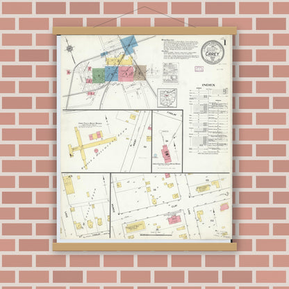 Old map wall art mockup — magnetic wood frame on brick wall — Sanborn Fire Insurance Map from Carey, Wyandot County, Ohio (1916) - Complete Map Set