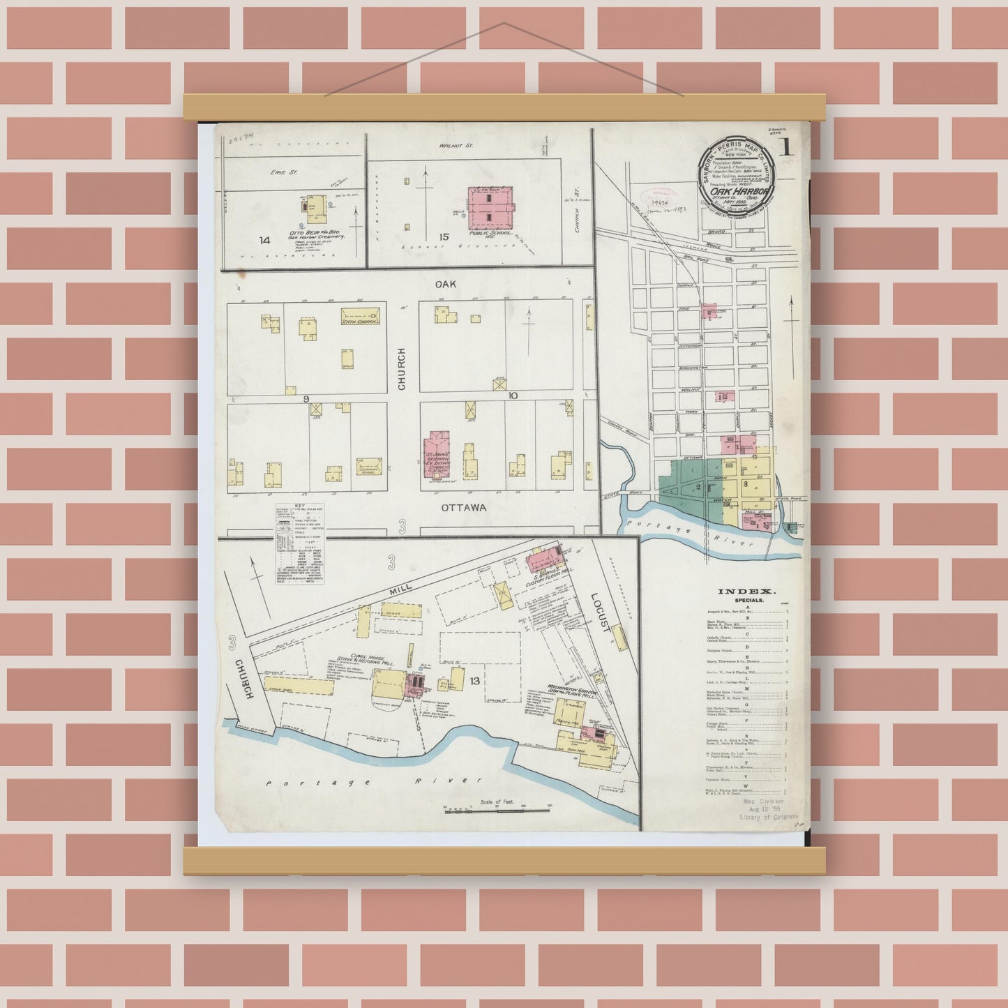 Old map wall art mockup — magnetic wood frame on brick wall — Sanborn Fire Insurance Map from Oak Harbor, Ottawa County, Ohio (1893) - Complete Map Set